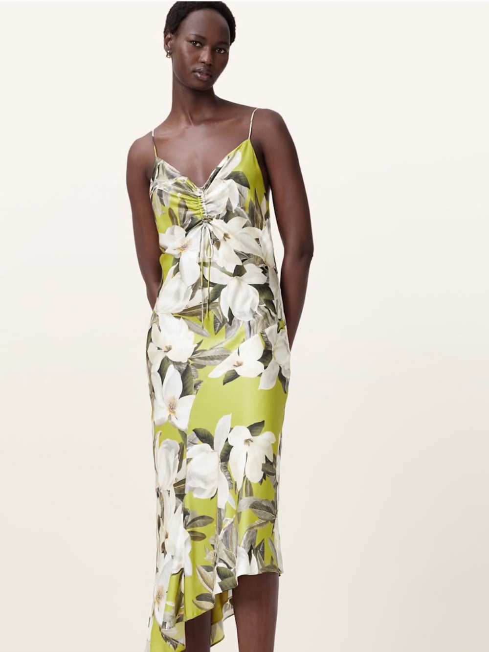 NWT All Saints | Alexia V-Neck Drawstring Midi Slip Dress | Green | Size 8